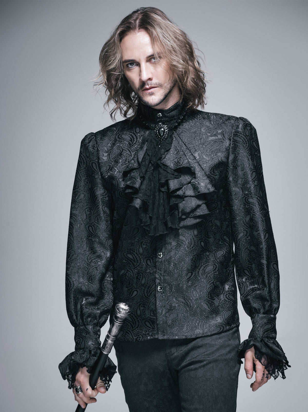 Men's Gothic Vampire Shirt with Ruffled Cuffs & Jab﻿ot