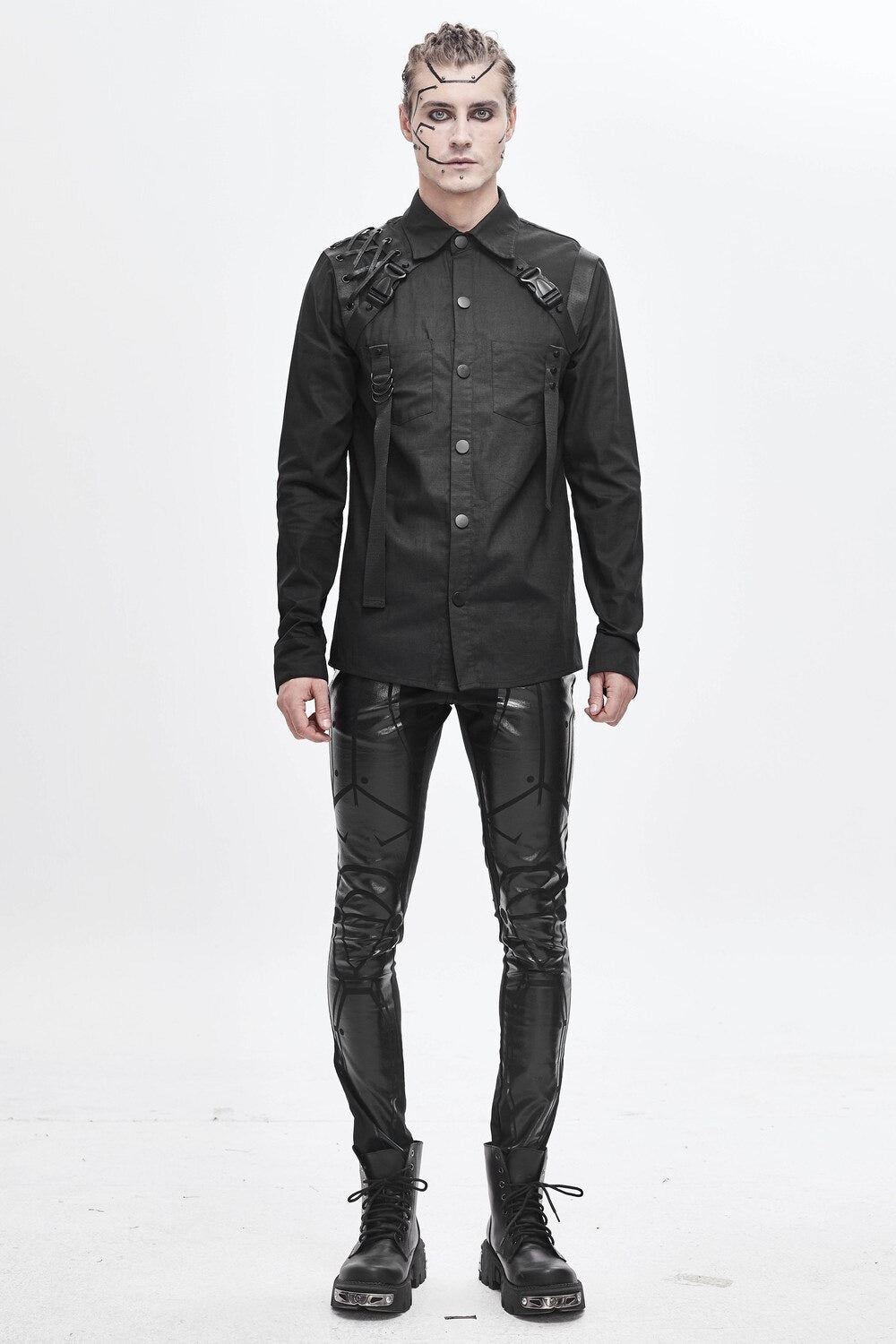 Men's Black Gothic Industrial Shirt with Straps & Buckles – S–4XL