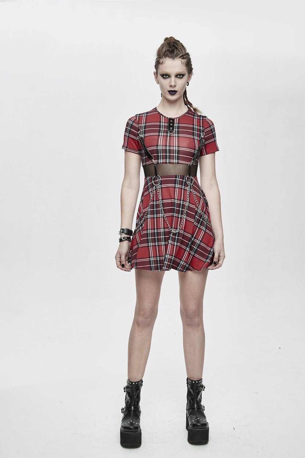Women's Red Tartan Chain Mini Dress – XS–4XL