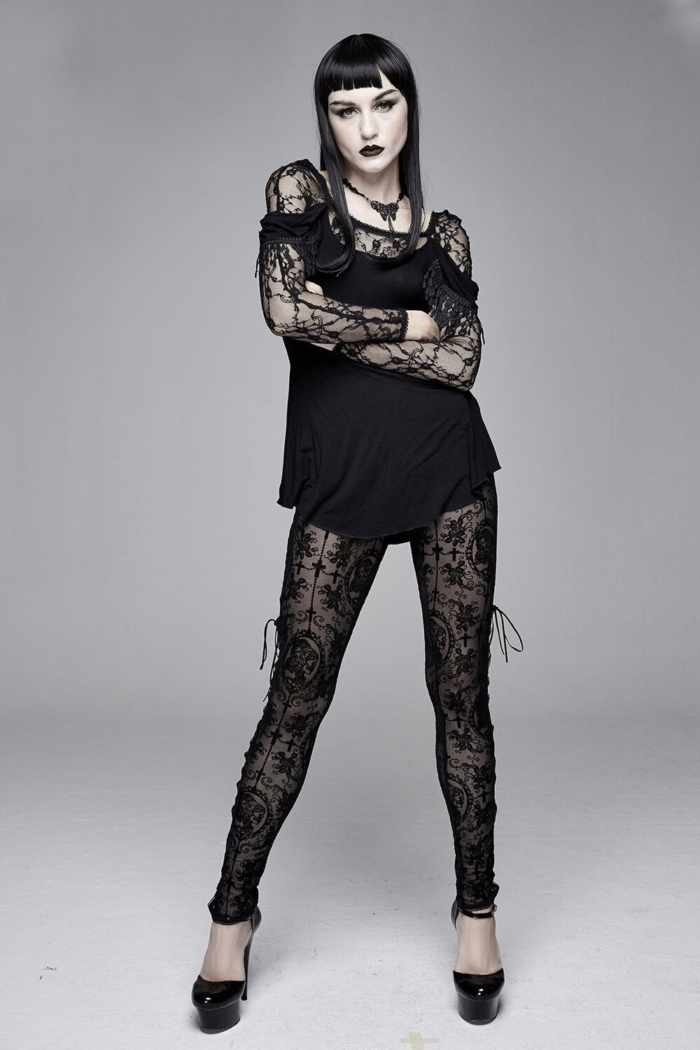 Women's Gothic Lace Cameo Leggings – Black & Nude, XS–3XL