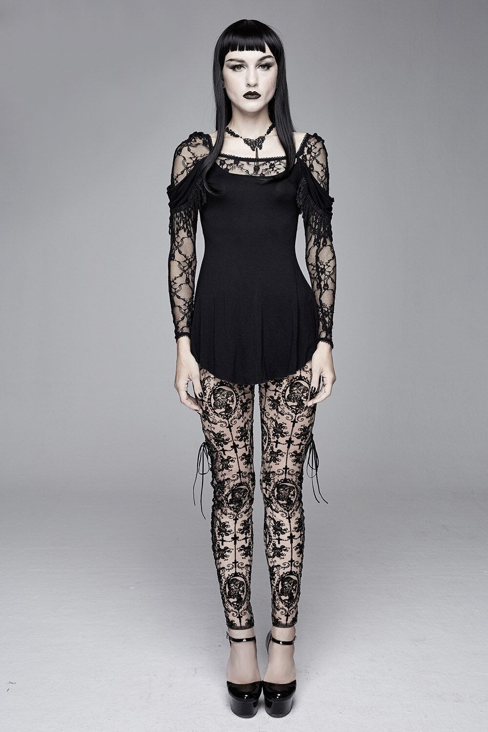 Women's Gothic Lace Cameo Leggings – Black & Nude, XS–3XL