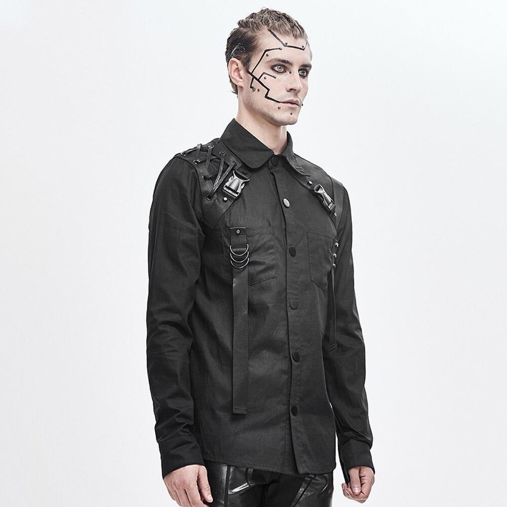Men's Black Gothic Industrial Shirt with Straps & Buckles – S–4XL