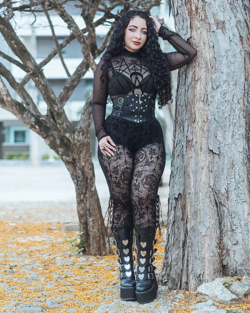 Women's Gothic Lace Cameo Leggings – Black & Nude, XS–3XL