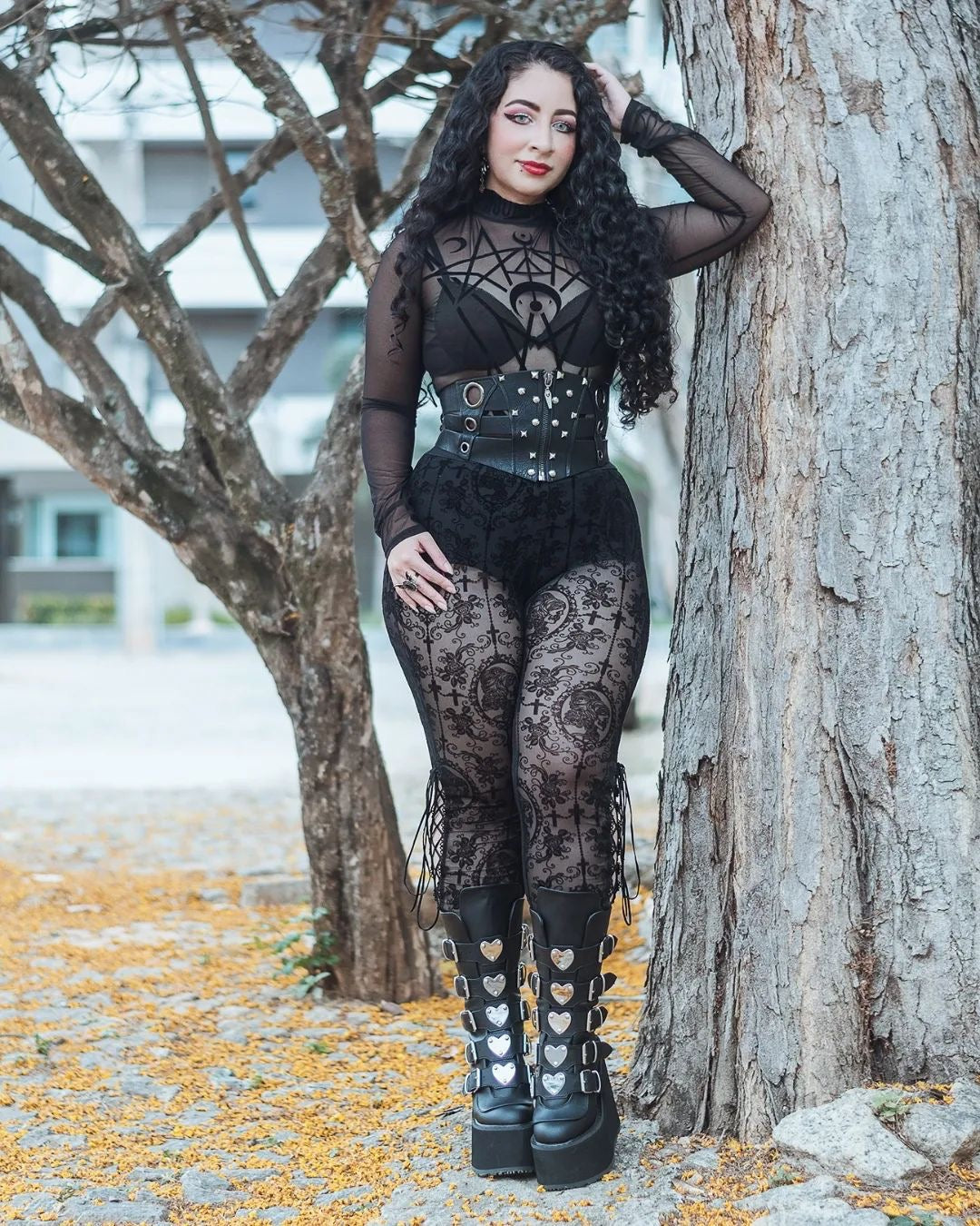 Women's Gothic Lace Cameo Leggings – Black & Nude, XS–3XL