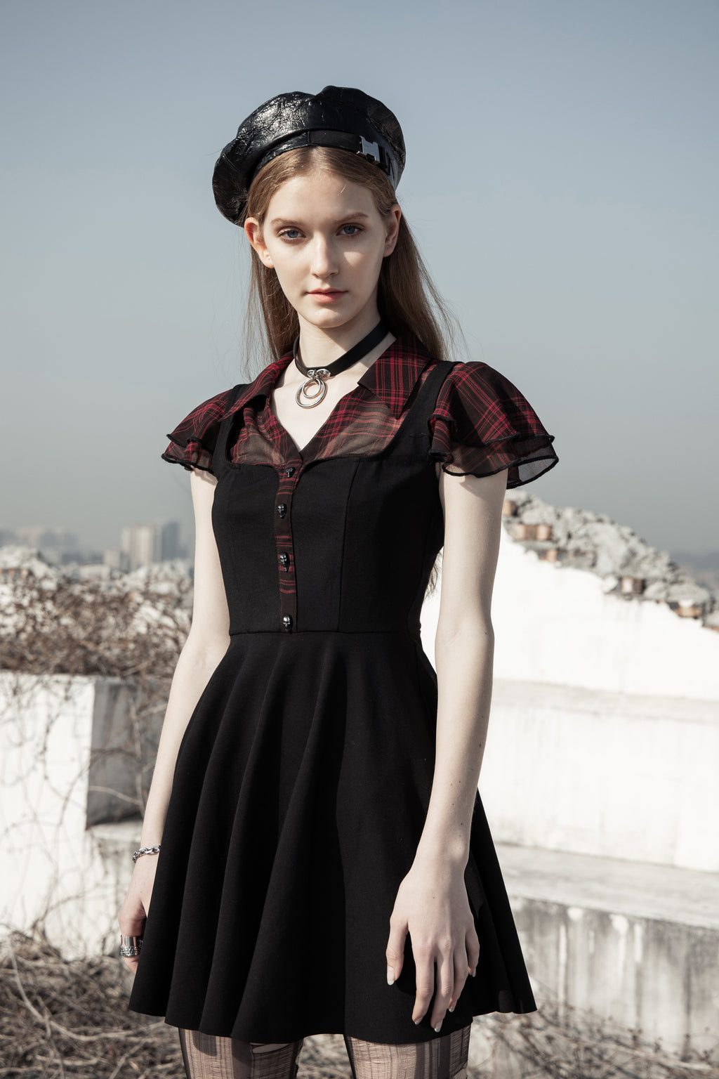 Women's Black & Red Plaid Skull Button Mini Dress – XS–4XL