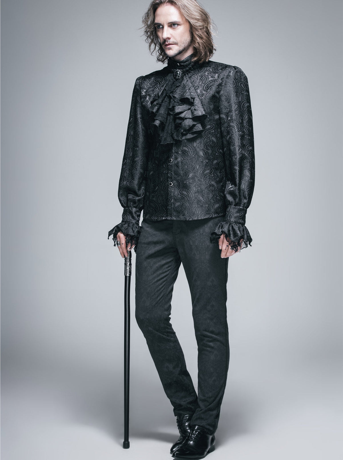 Men's Gothic Vampire Shirt with Ruffled Cuffs & Jabot – S–4XL