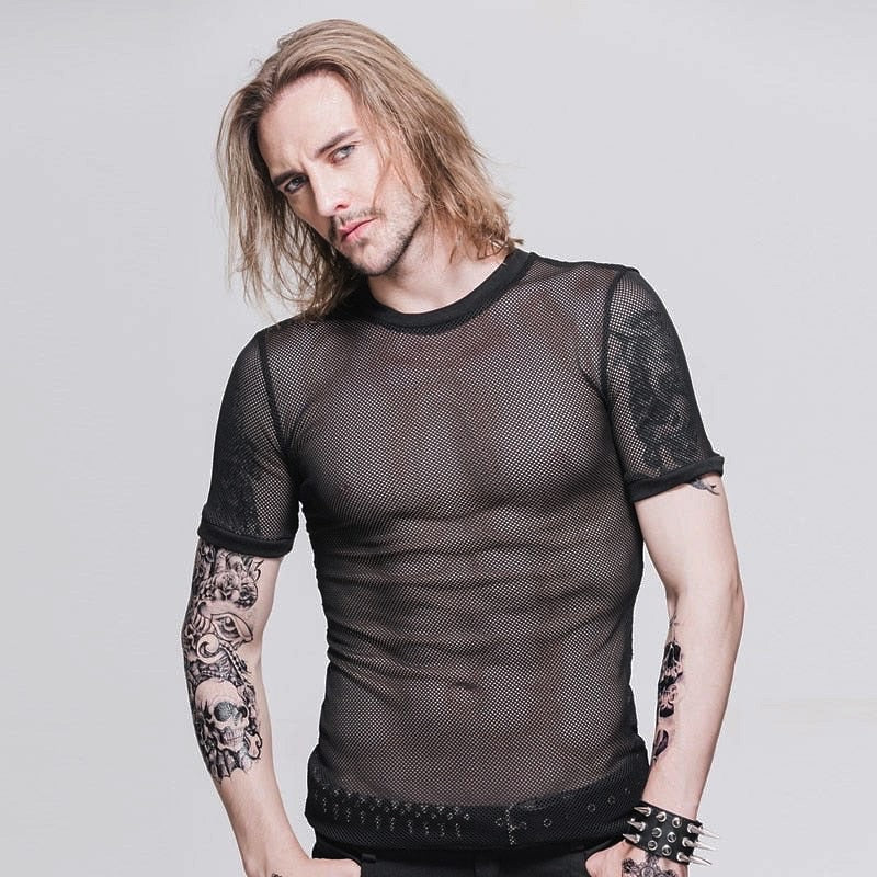 Men's Black Gothic Sheer Mesh Shirt – Short Sleeve – S–3XL