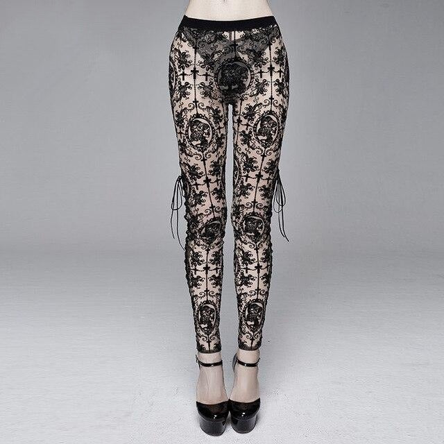 Women's Gothic Lace Cameo Leggings – Black & Nude, XS–3XL