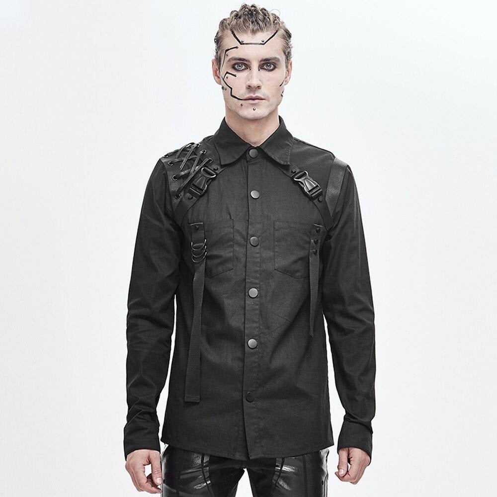 Men's Black Gothic Industrial Shirt with Straps & Buckles – S–4XL