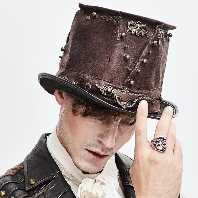 Gothic Steampunk Brown Top Hat – Skull & Rivet Detail