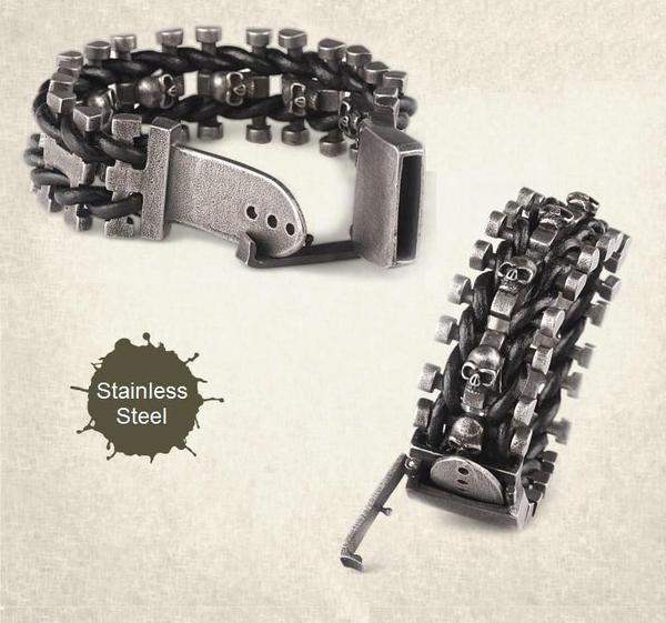 Men's Gothic Woven Leather Skull Bracelet – 20 & 22cm