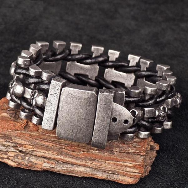 Men's Gothic Woven Leather Skull Bracelet – 20 & 22cm