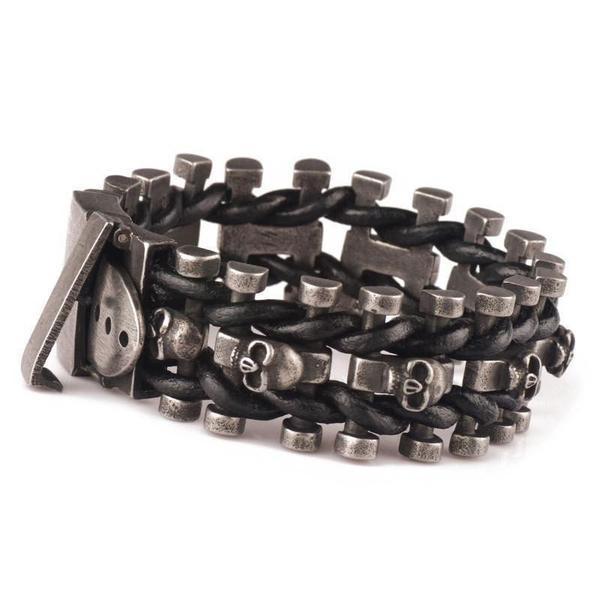Men's Gothic Woven Leather Skull Bracelet – 20 & 22cm