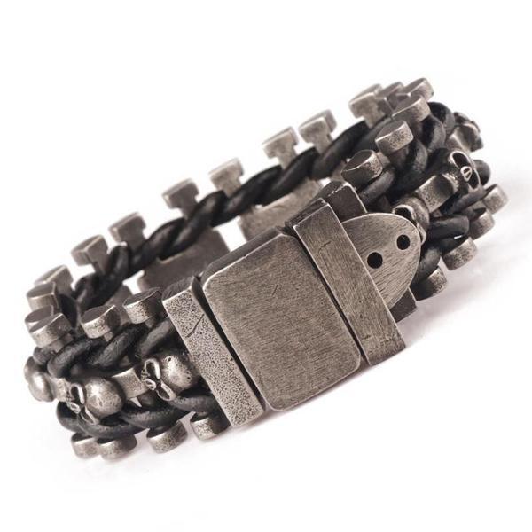 Men's Gothic Woven Leather Skull Bracelet – 20 & 22cm