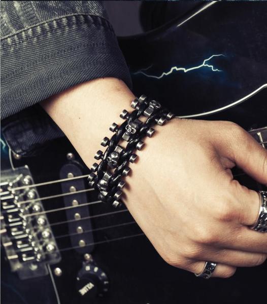 Men's Gothic Woven Leather Skull Bracelet – 20 & 22cm