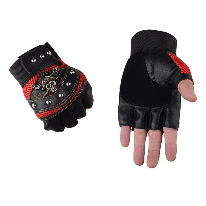 Gothic Skull Fingerless Biker Gloves – Black, Red & Blue