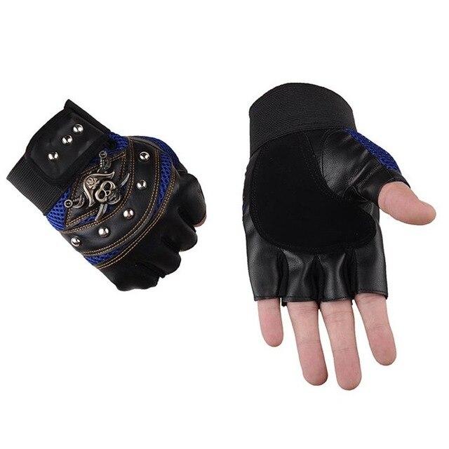Gothic Skull Fingerless Biker Gloves – Black, Red & Blue