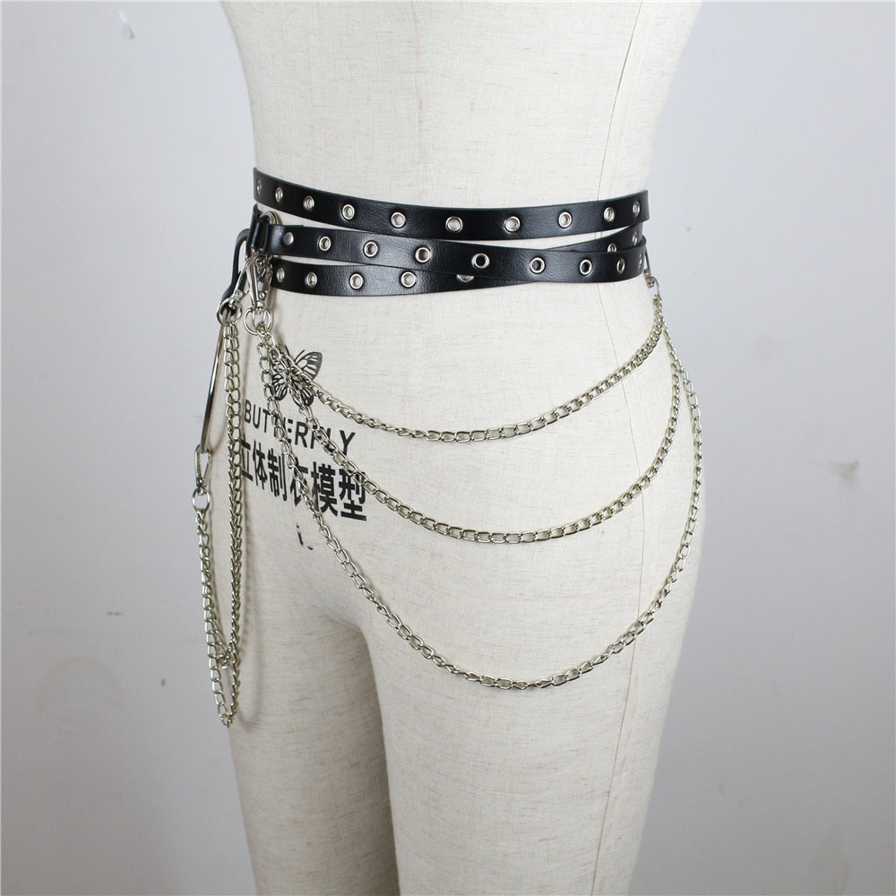 Black Gothic Chain Ring Belt – Faux Leather