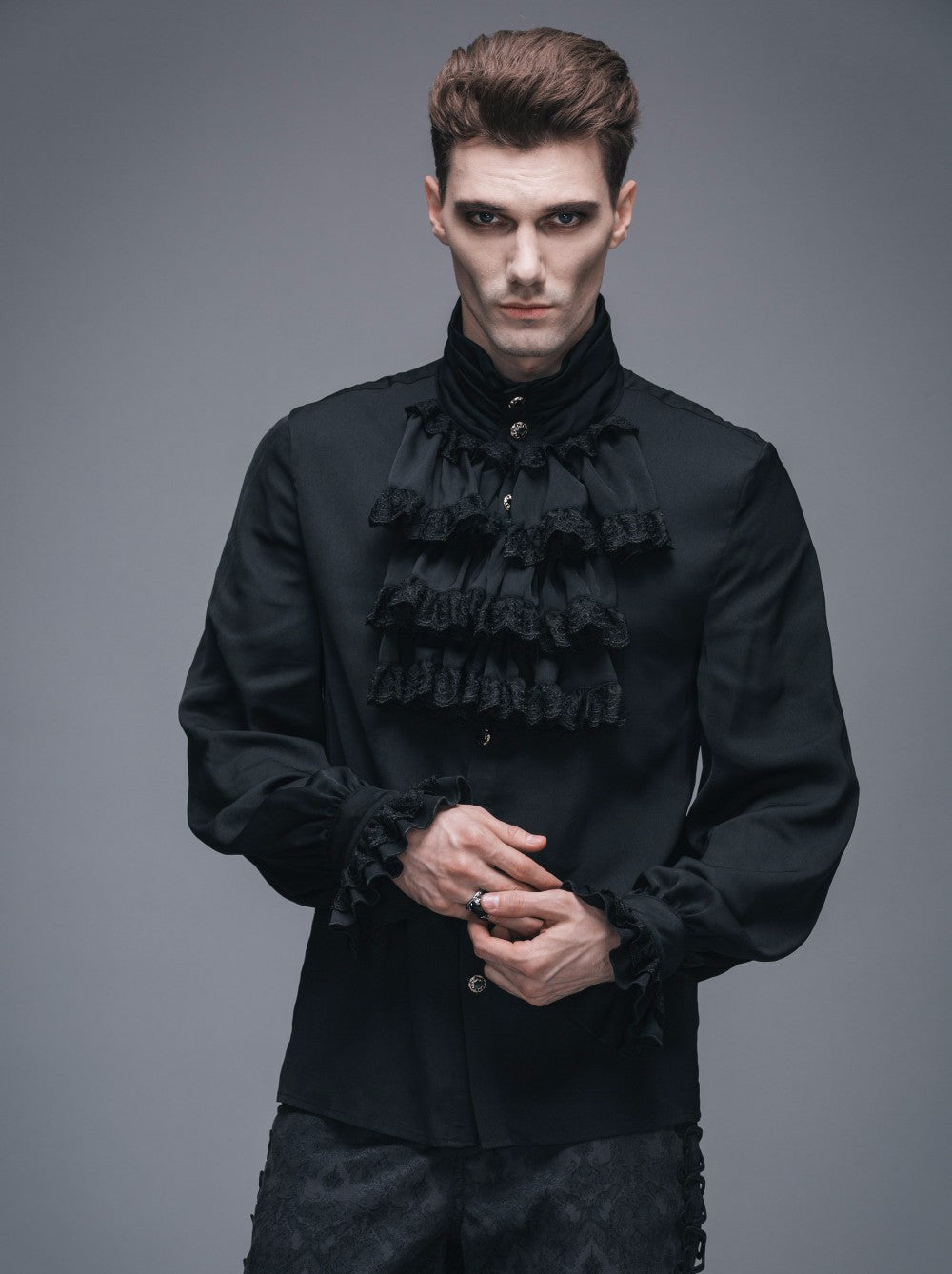 Men's Gothic Vampire Ruffle Shirt – High Neck – S–4XL