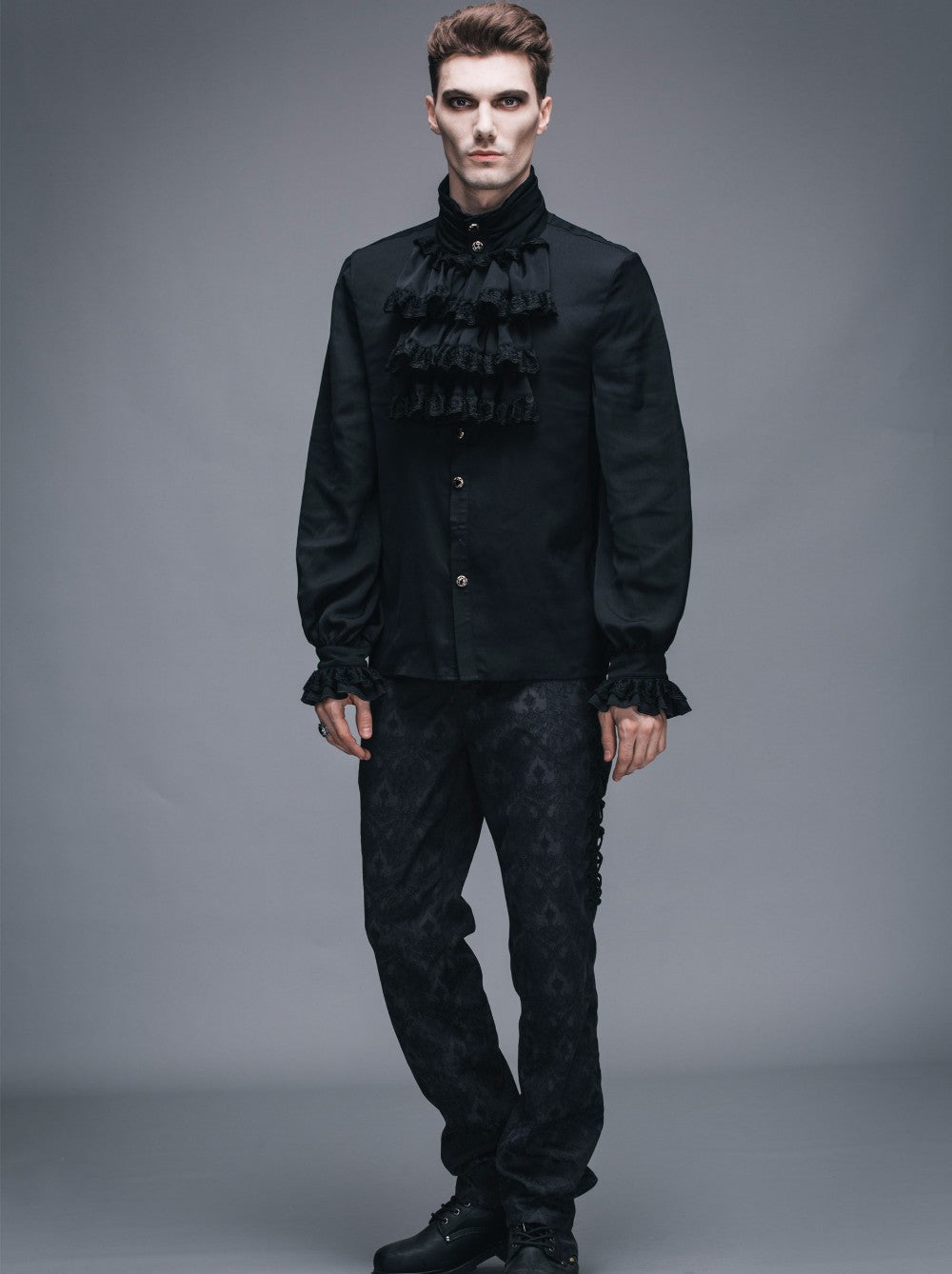 Men's Gothic Vampire Ruffle Shirt – High Neck – S–4XL