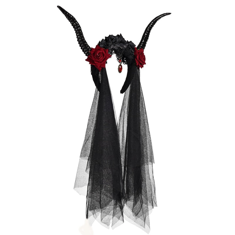Black Gothic Rose Horn Veil – Black or Red Gem