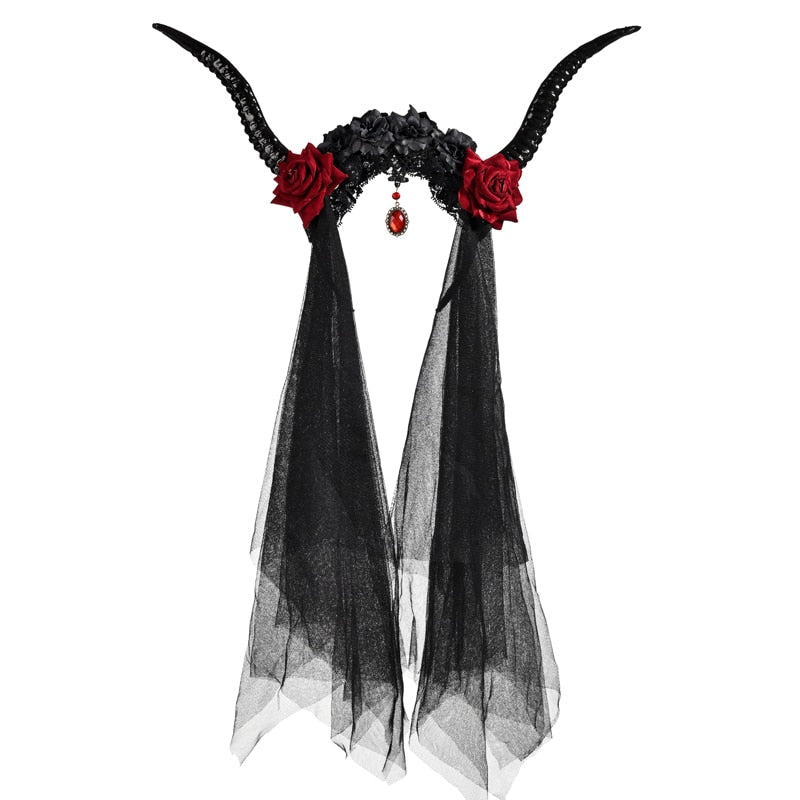 Black Gothic Rose Horn Veil – Black or Red Gem