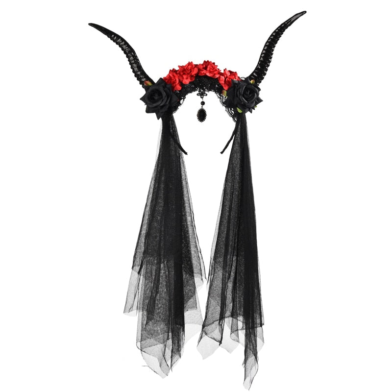 Black Gothic Rose Horn Veil – Black or Red Gem