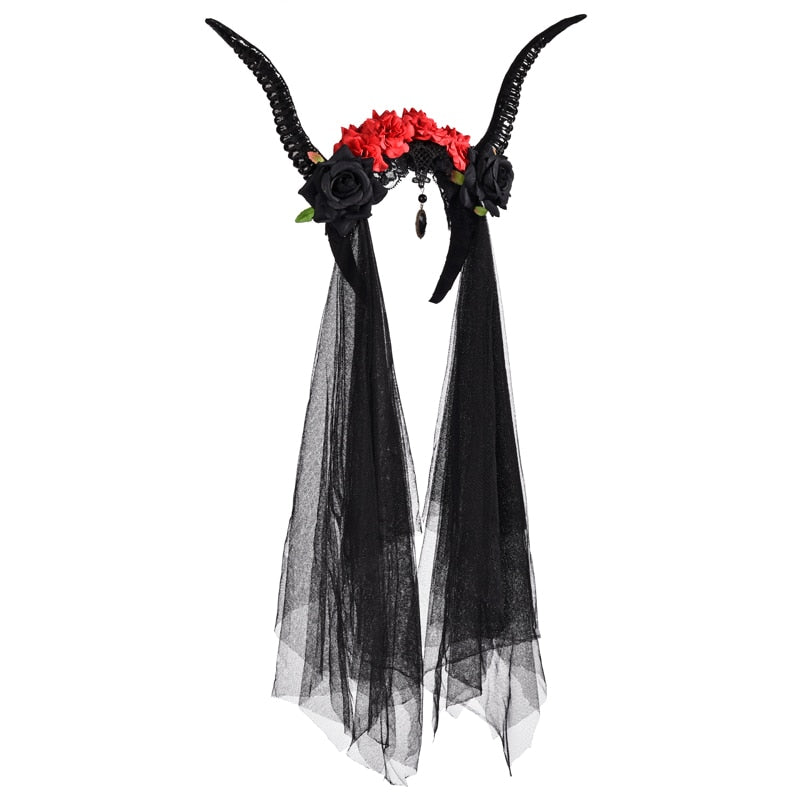 Black Gothic Rose Horn Veil – Black or Red Gem