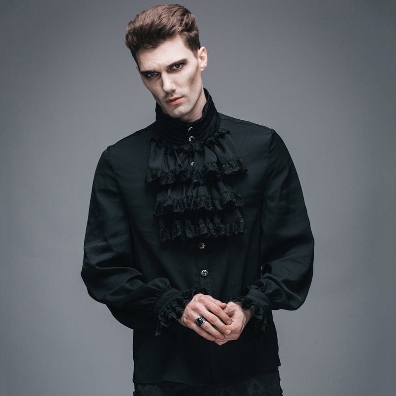 Men's Gothic Vampire Ruffle Shirt – High Neck – S–4XL