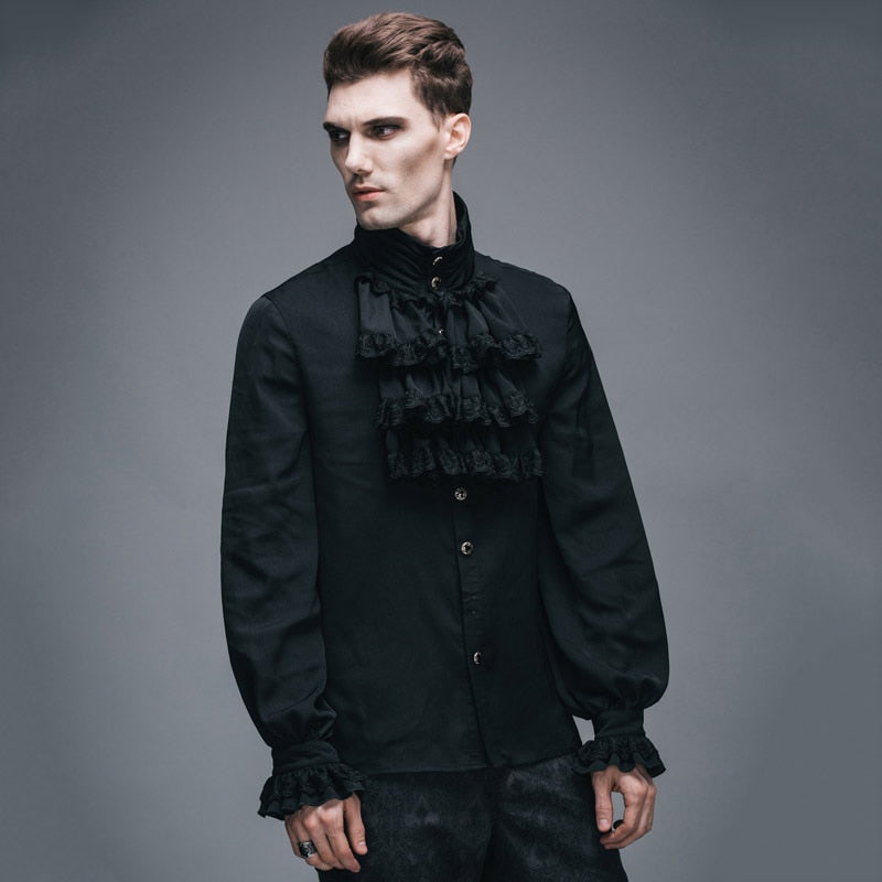 Men's Gothic Vampire Ruffle Shirt – High Neck – S–4XL