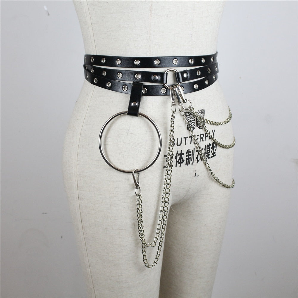 Black Gothic Chain Ring Belt – Faux Leather