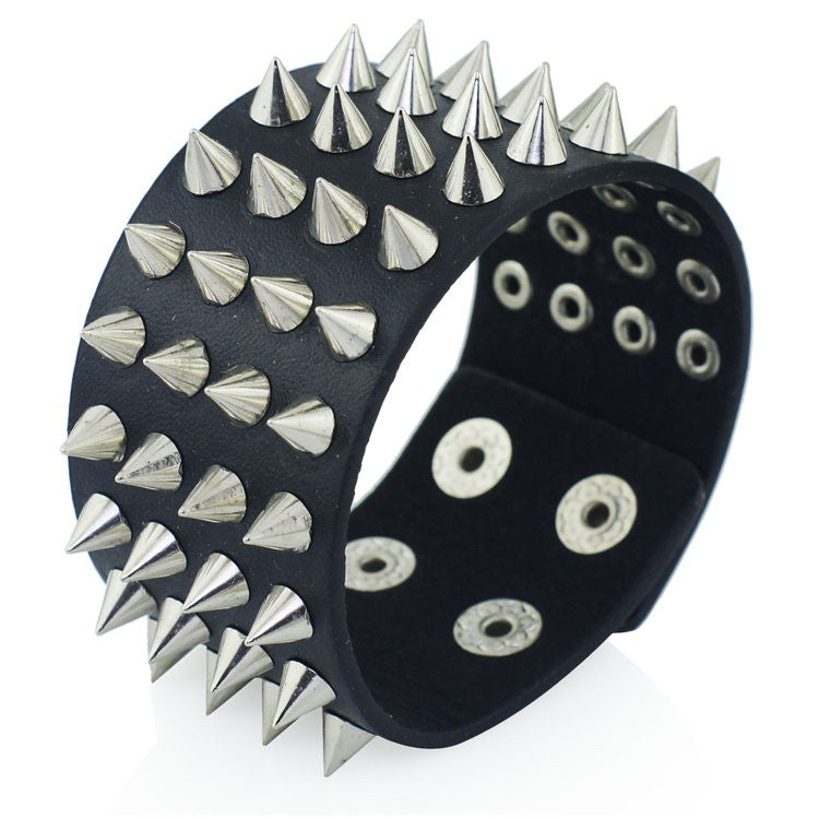 Black Gothic Four-Row Spiked Cuff Bracelet – 22.5cm