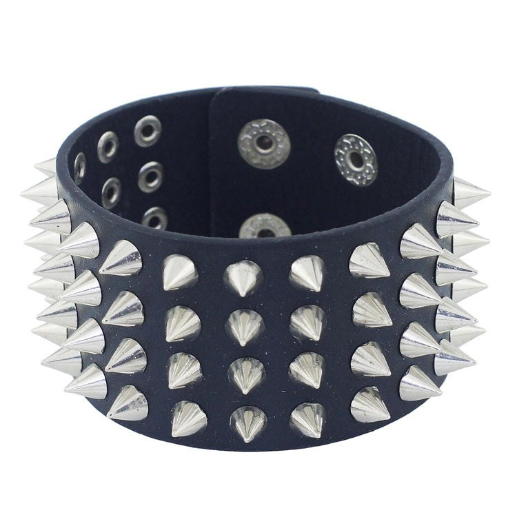 Black Gothic Four-Row Spiked Cuff Bracelet – 22.5cm