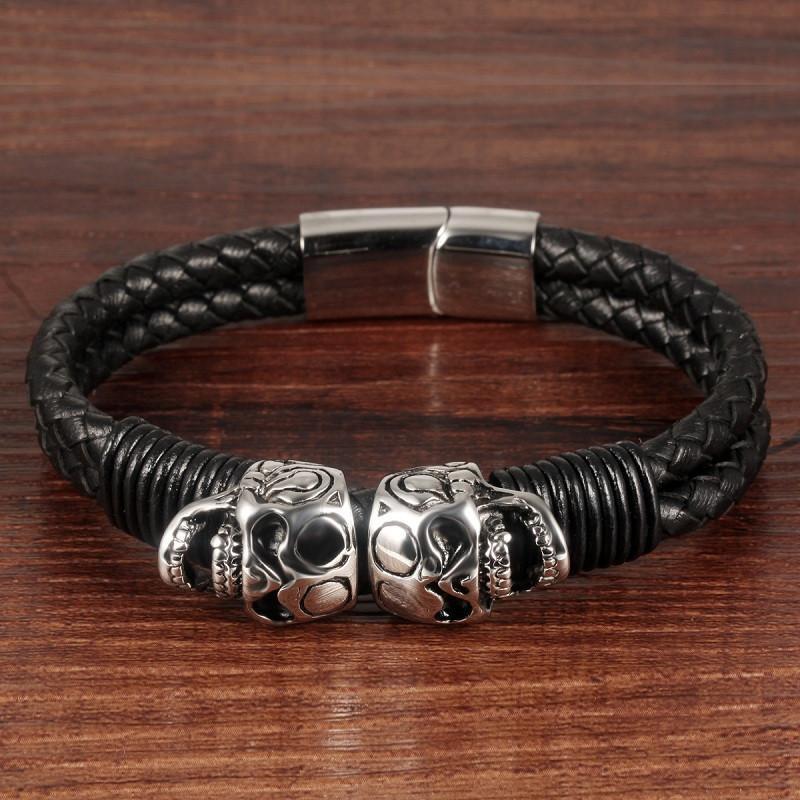 Men's Gothic Braided Leather Skull Bracelet – 21cm