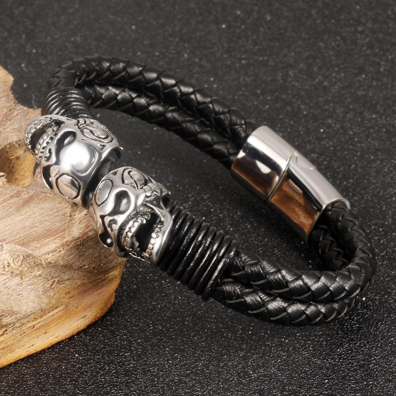 Men's Gothic Braided Leather Skull Bracelet – 21cm