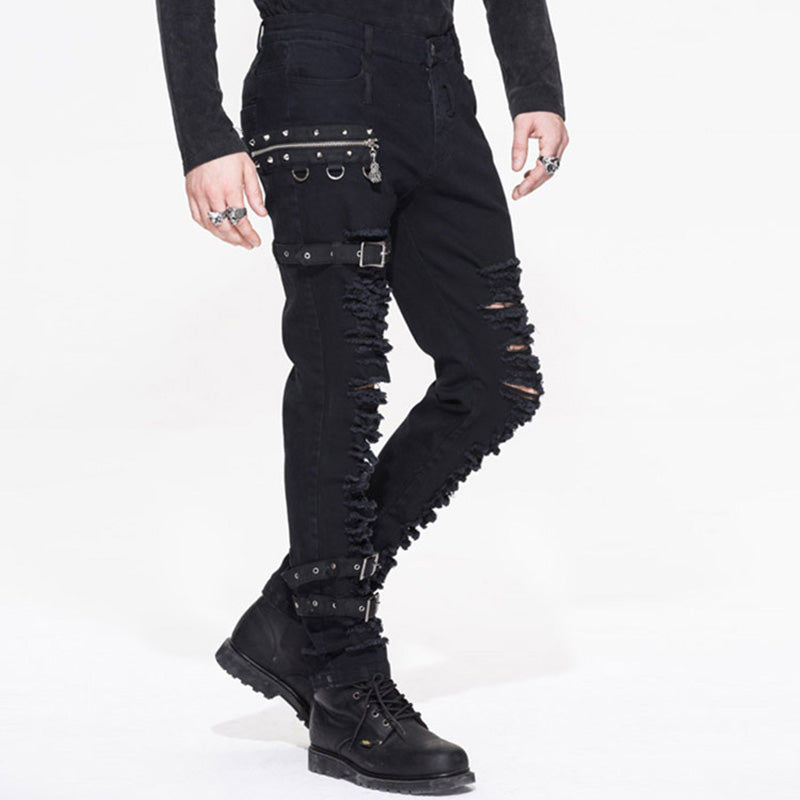 Men's Distressed Gothic Cargo Pants with Buckles & Skeleton Zip