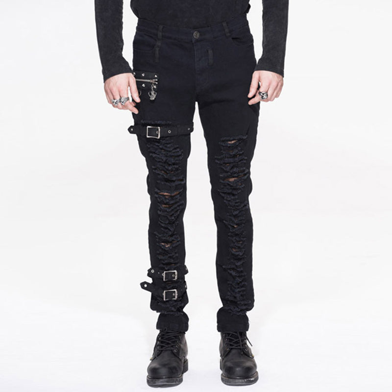 Men's Distressed Gothic Cargo Pants with Buckles & Skeleton Zip