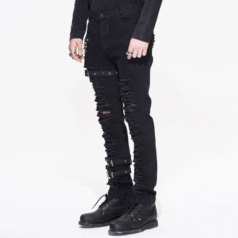 Men's Distressed Gothic Cargo Pants with Buckles & Skeleton Zip