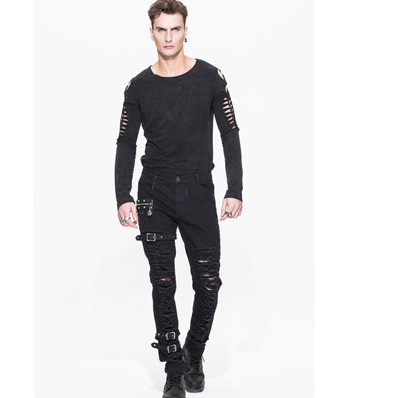 Men's Distressed Gothic Cargo Pants with Buckles & Skeleton Zip