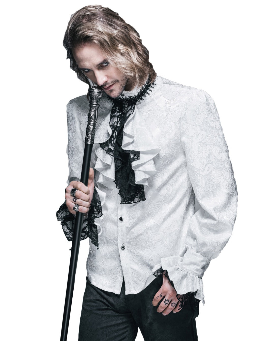 Men's Gothic Vampire Shirt with Ruffled Cuffs & Jabot – S–4XL