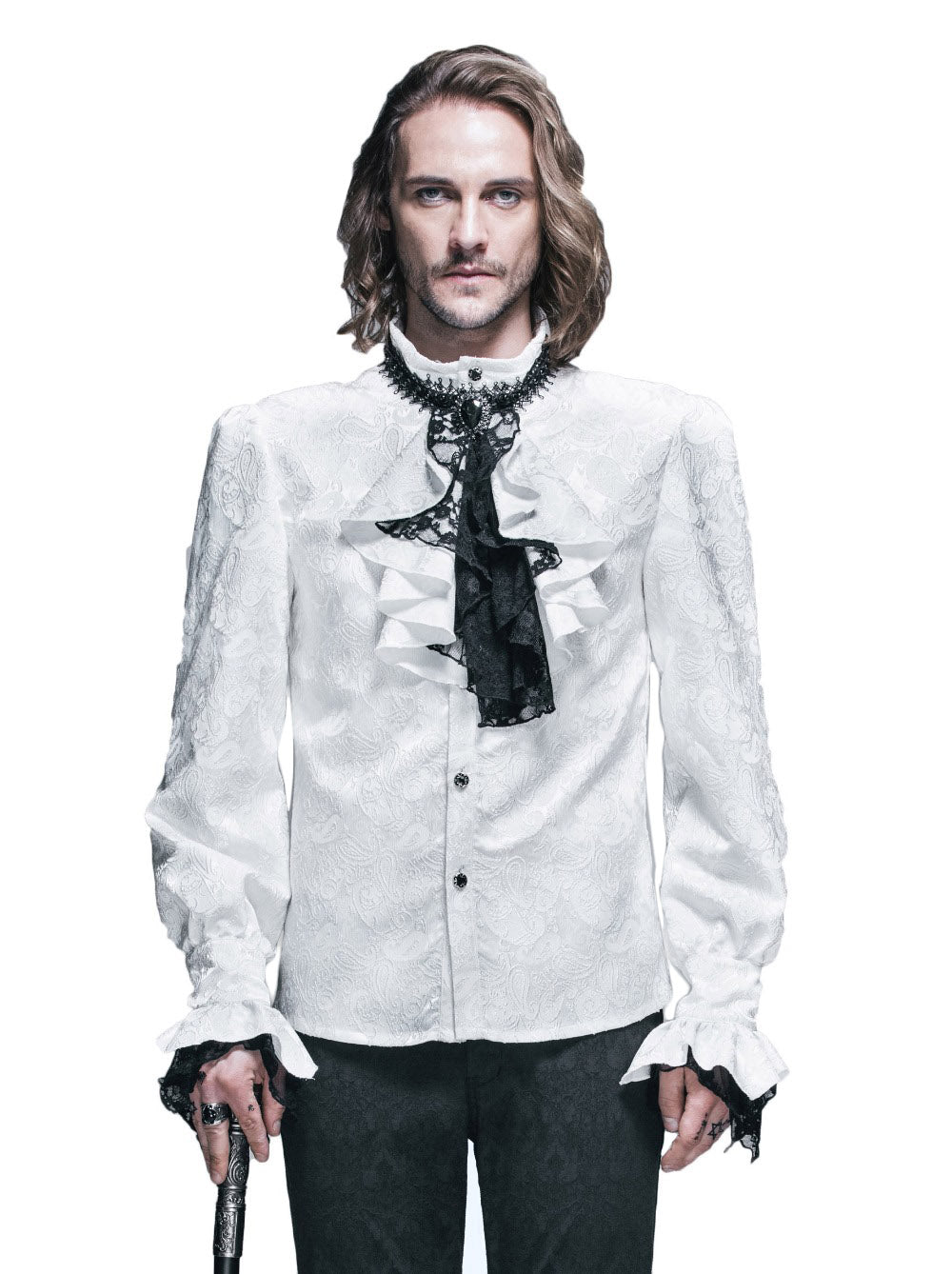 Men's Gothic Vampire Shirt with Ruffled Cuffs & Jab﻿ot