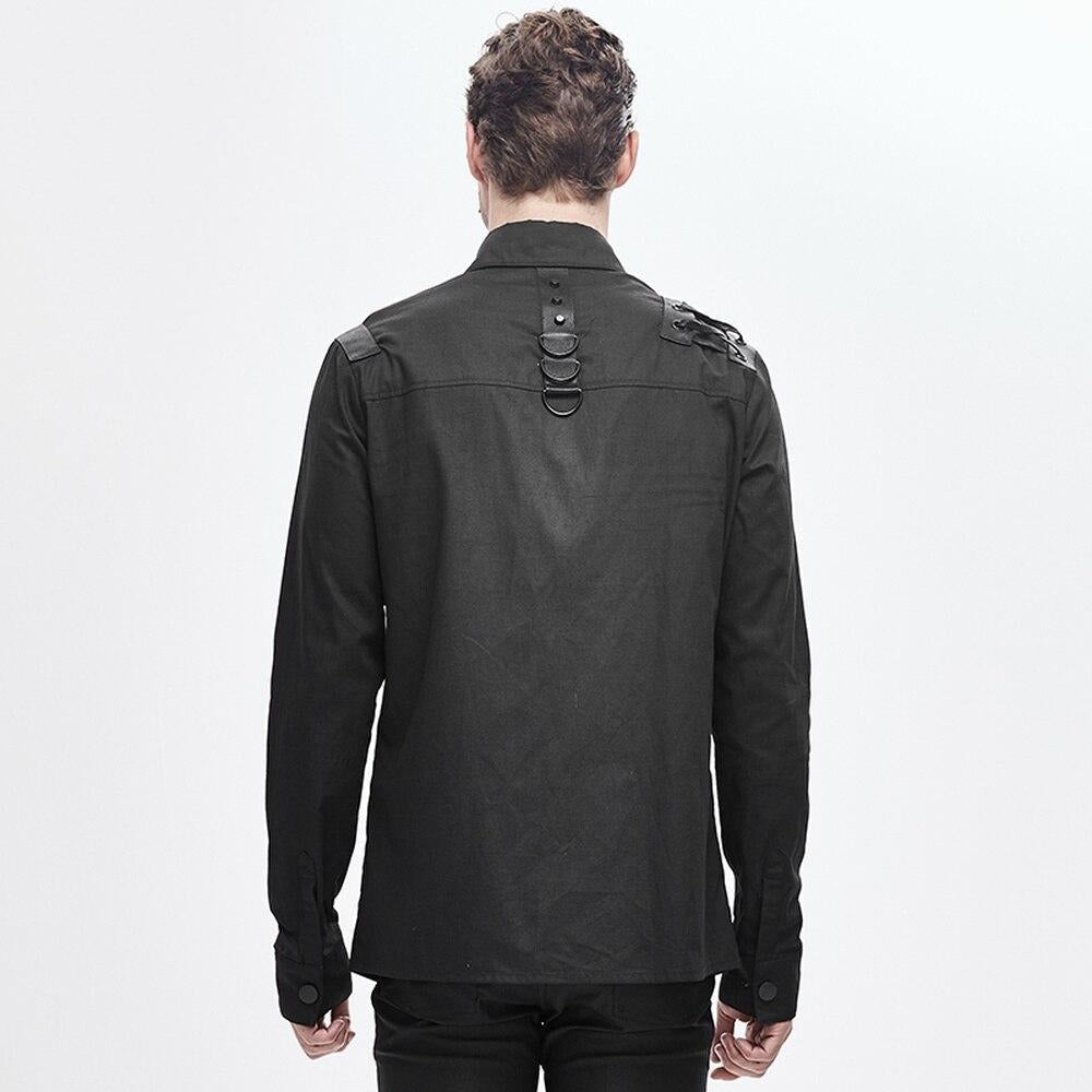 Men's Black Gothic Industrial Shirt with Straps & Buckles – S–4XL