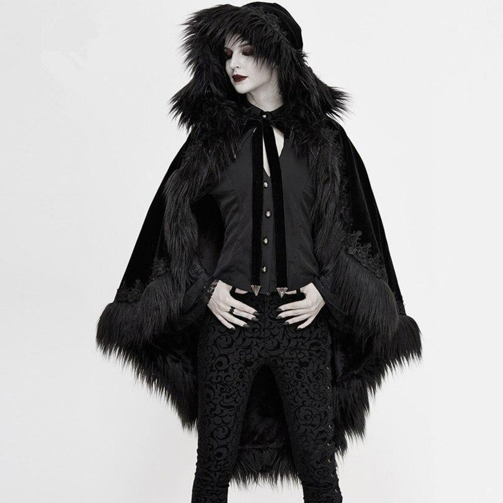Black Gothic Faux Fur Trim Hooded Cloak