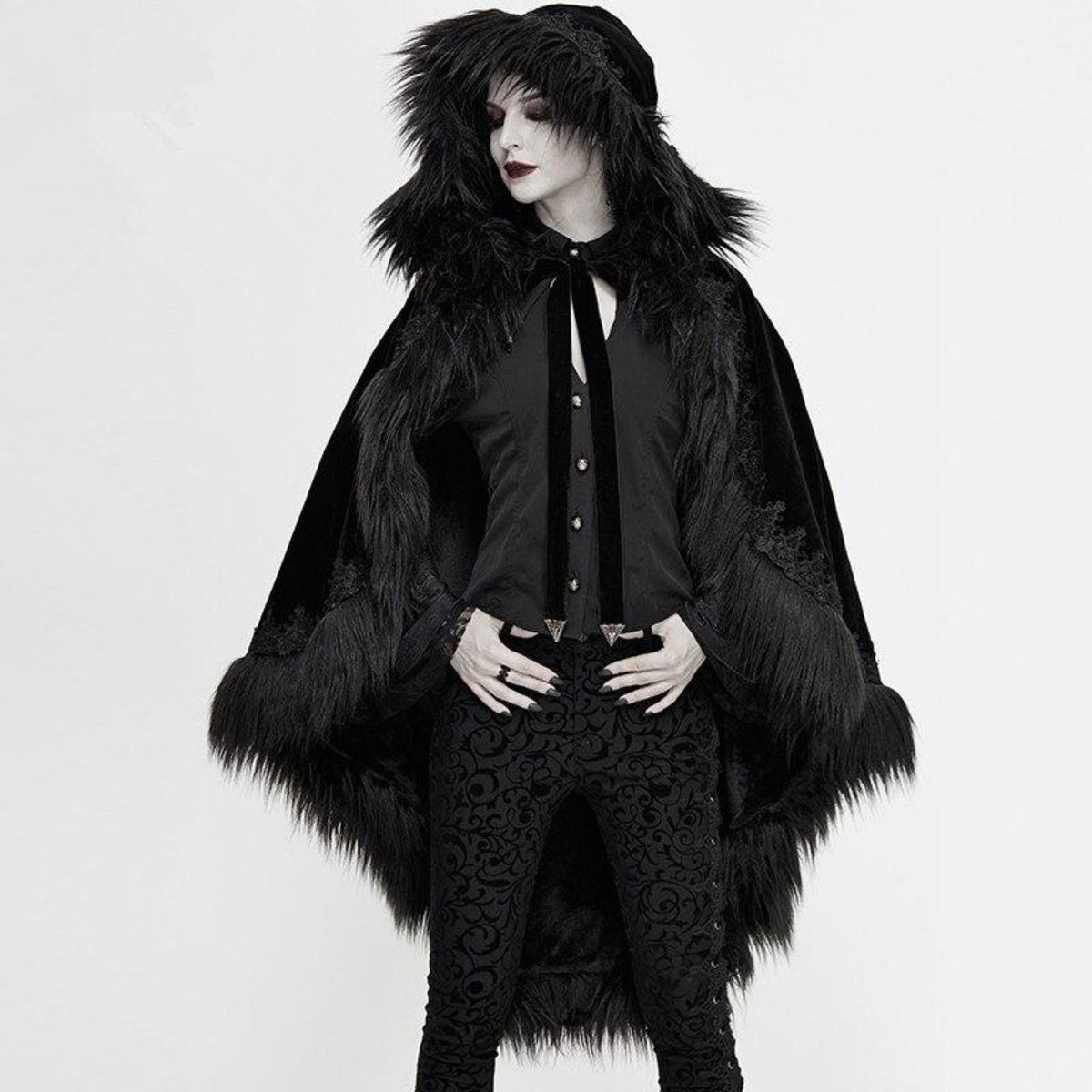 Black Gothic Faux Fur Trim Hooded Cloak