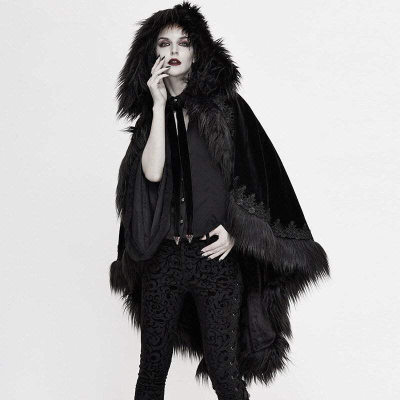 Black Gothic Faux Fur Trim Hooded Cloak