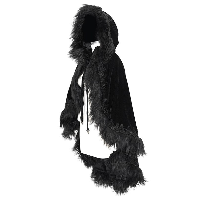 Black Gothic Faux Fur Trim Hooded Cloak
