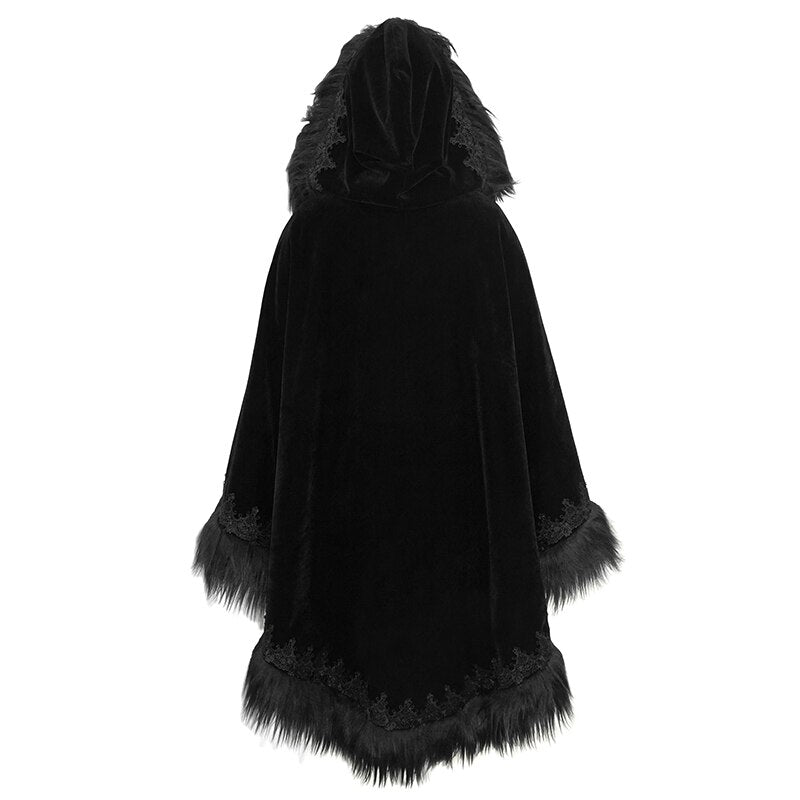 Black Gothic Faux Fur Trim Hooded Cloak