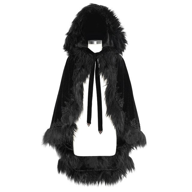 Black Gothic Faux Fur Trim Hooded Cloak
