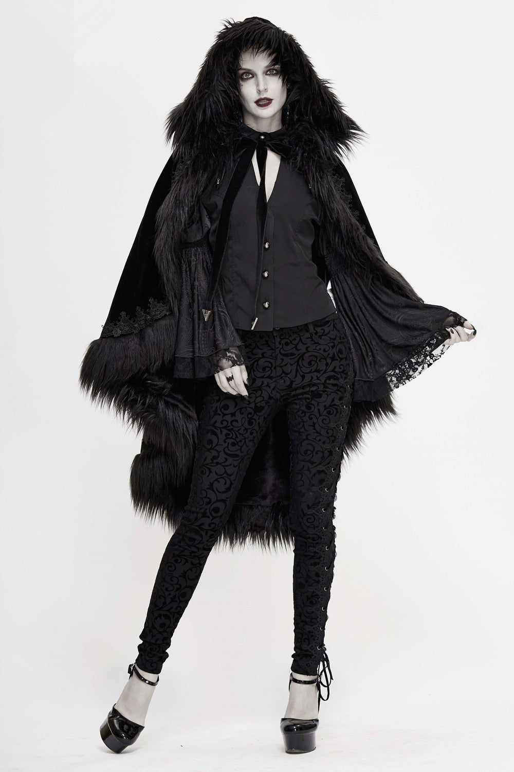 Black Gothic Faux Fur Trim Hooded Cloak
