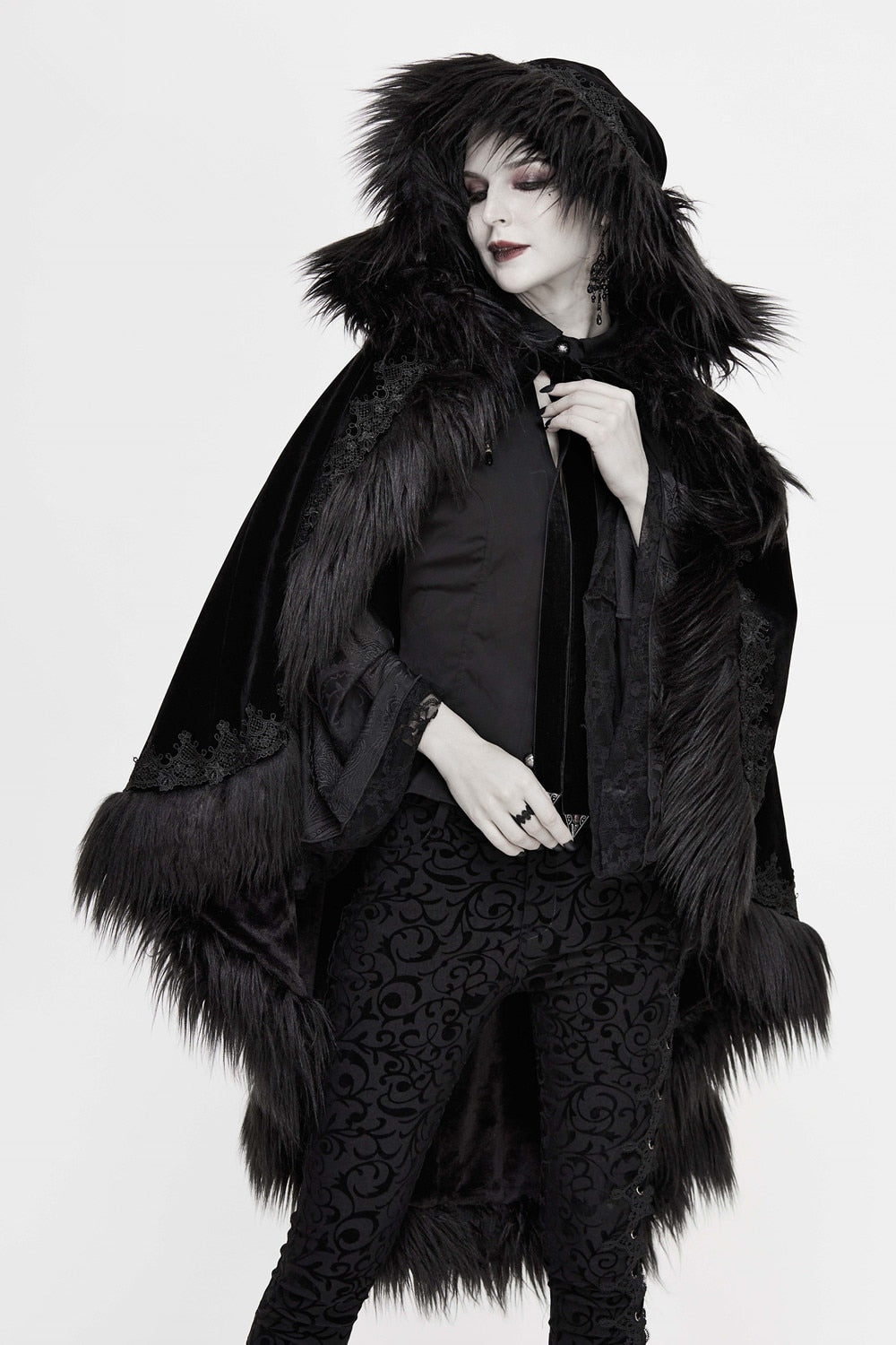 Black Gothic Faux Fur Trim Hooded Cloak